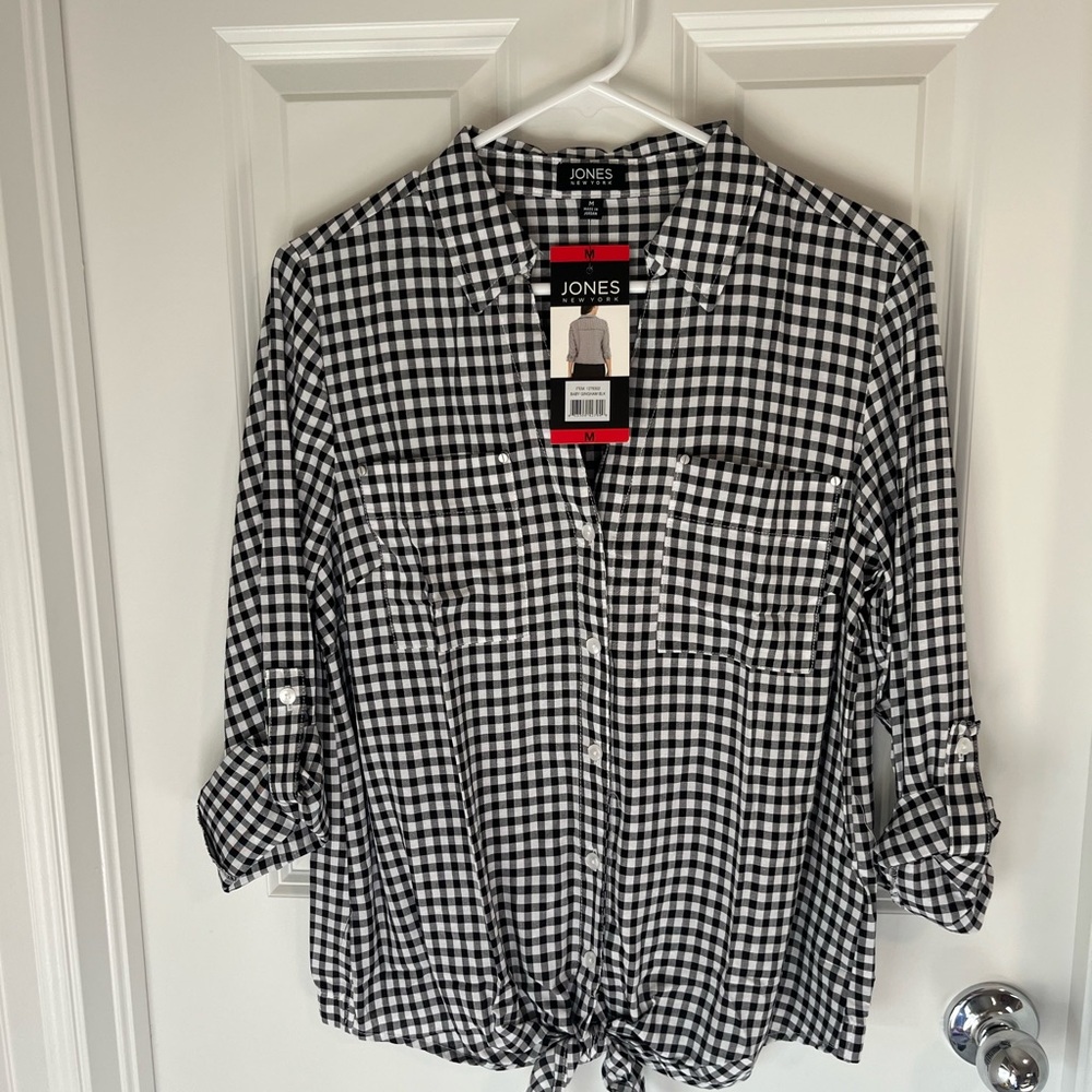 Jones New York Black and White Gingham Button Down Shirt